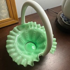 Fenton Green and White Glass Basket 7”x6.5”x5.5”